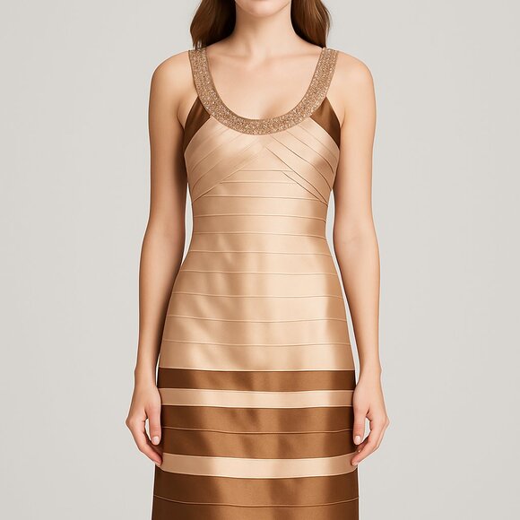 BCBGMAXAZRIA Bronze & Champagne Satin Bandage Cocktail Dress - Picture 1 of 5